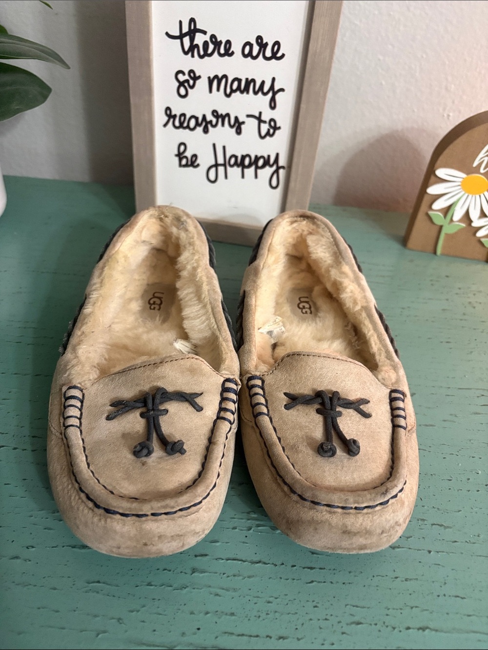 UGG Tan Suede Shearling Moccasin Slippers